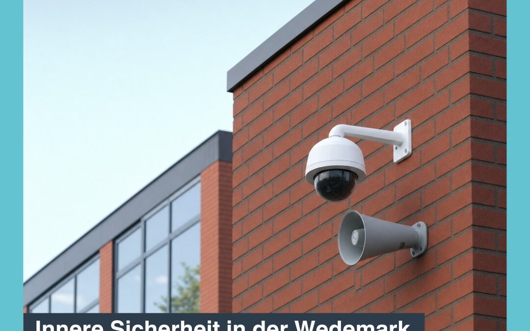 Gewerbegebäude mit Überwachungskamera und Lautsprecher an der Fassade — Symbolbild zum Thema Innere Sicherheit